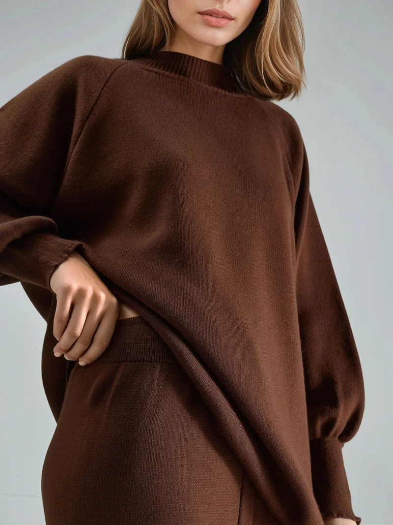MY FASHION Coffee Brown MY FASHION Loose Fit Sweater & Pants Knit Co-ord Set for Women | Best Price UAE
